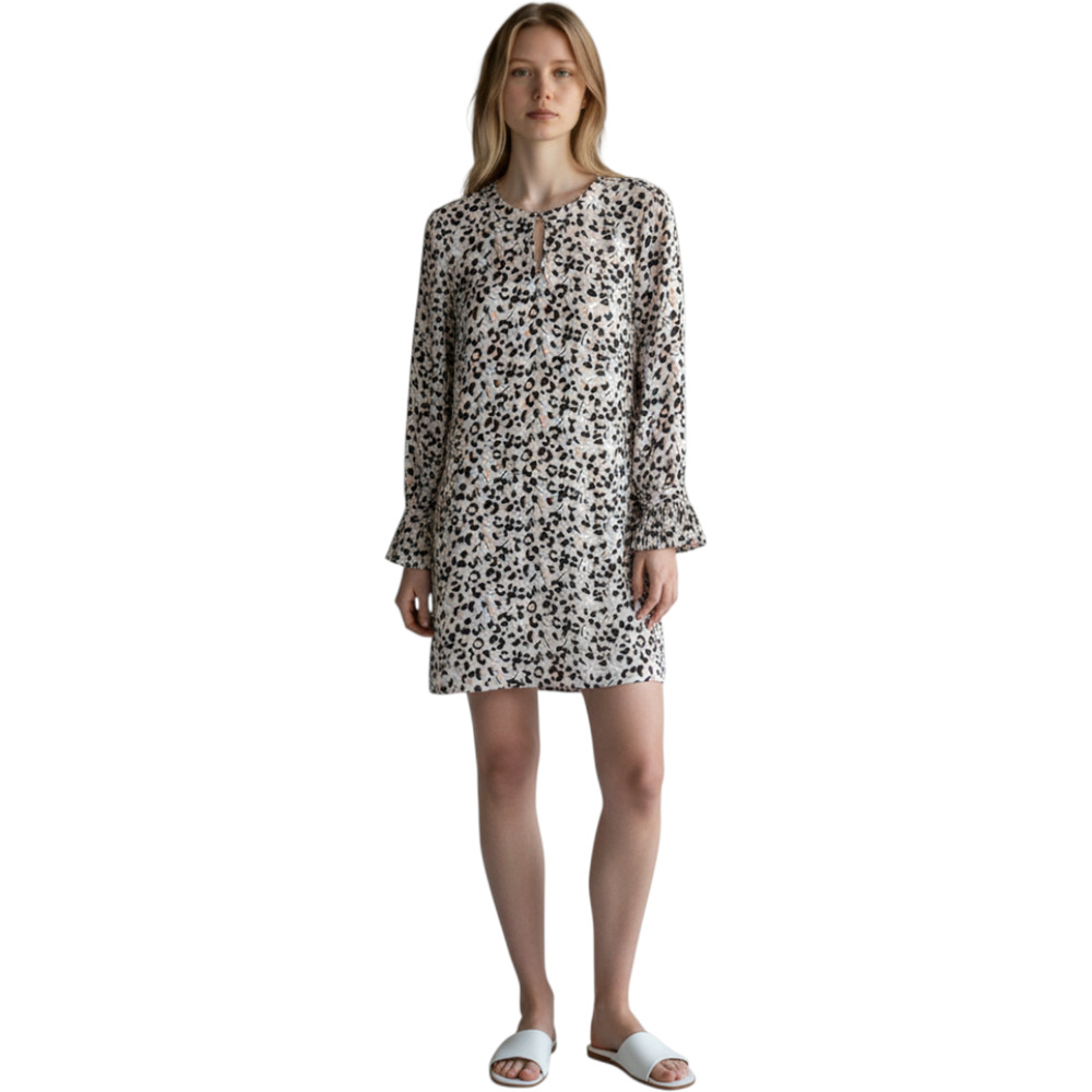 LOFT Ivory Leopard Print Long Sleeve Pleated Ruffle Cuff Lined Shift Dress S